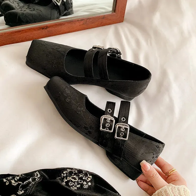 binfenxie  -  Fashion Women's Shoes New Jacquard Cloth Square Skull Buckle Mary Jane Shoes Daily Low Heel Lightweight Shoes