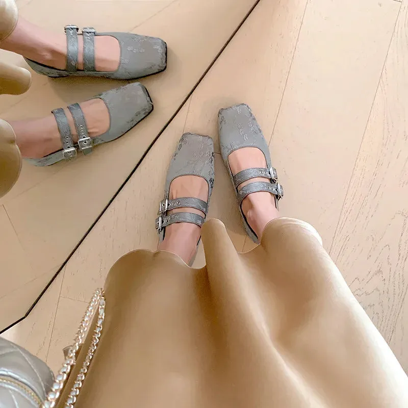 binfenxie  -  Fashion Women's Shoes New Jacquard Cloth Square Skull Buckle Mary Jane Shoes Daily Low Heel Lightweight Shoes