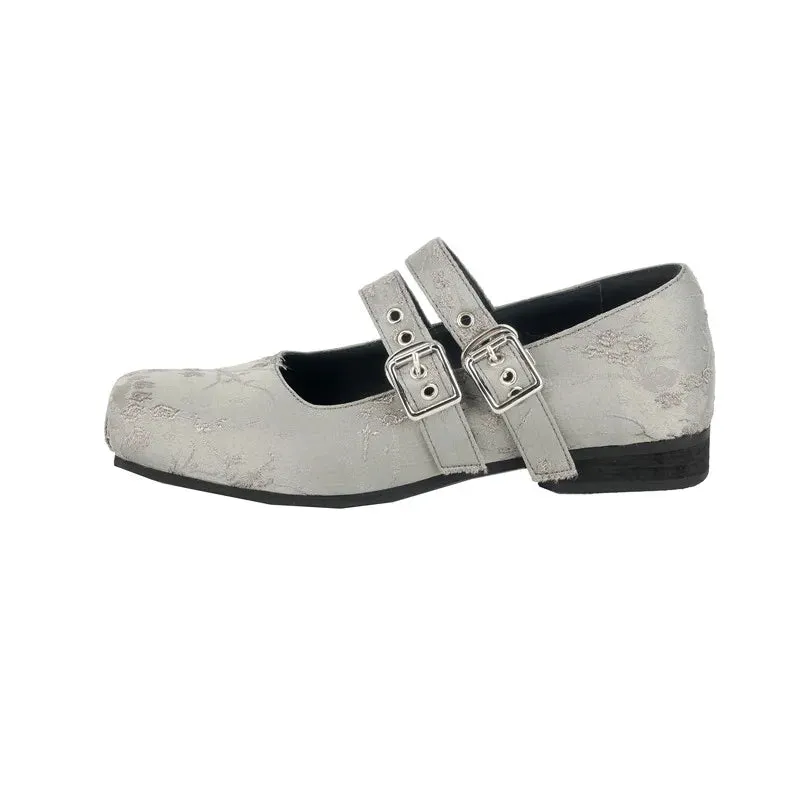 binfenxie  -  Fashion Women's Shoes New Jacquard Cloth Square Skull Buckle Mary Jane Shoes Daily Low Heel Lightweight Shoes
