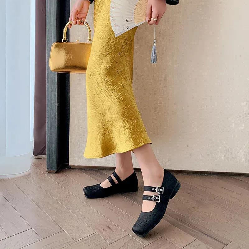 binfenxie  -  Fashion Women's Shoes New Jacquard Cloth Square Skull Buckle Mary Jane Shoes Daily Low Heel Lightweight Shoes