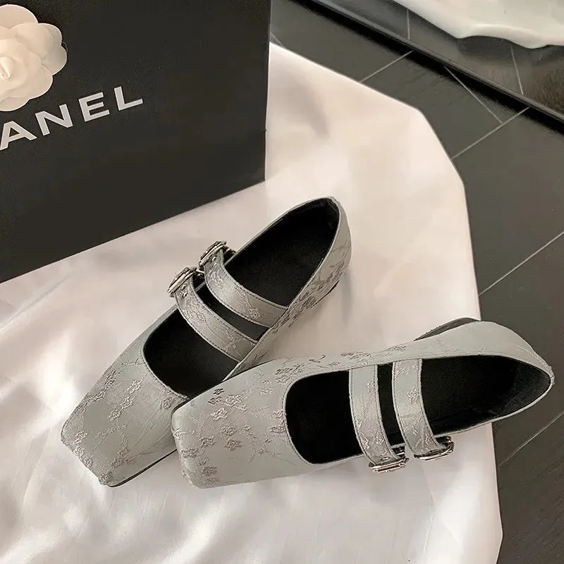 binfenxie  -  Fashion Women's Shoes New Jacquard Cloth Square Skull Buckle Mary Jane Shoes Daily Low Heel Lightweight Shoes