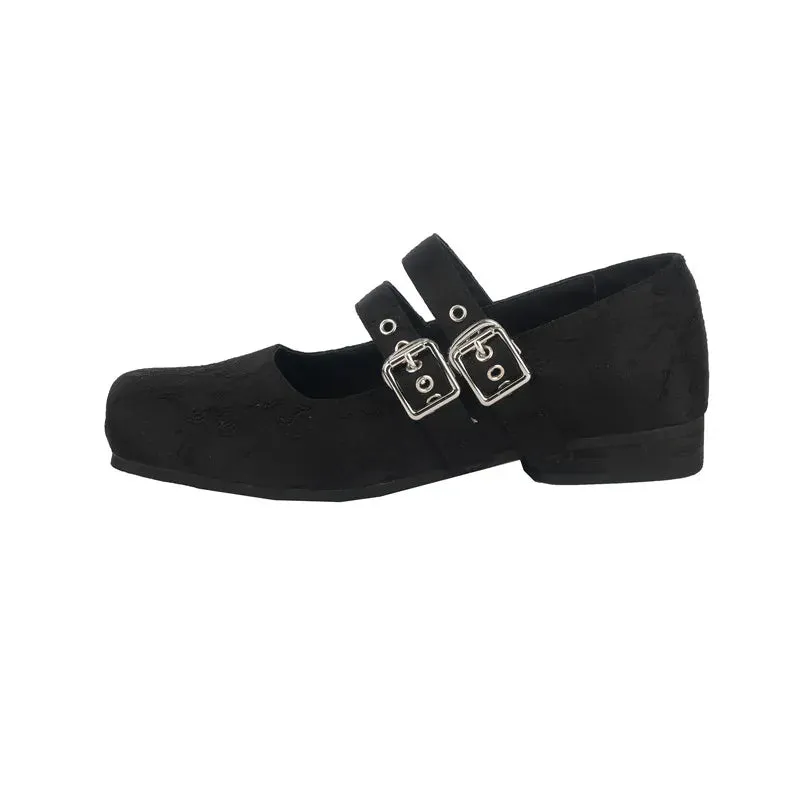 binfenxie  -  Fashion Women's Shoes New Jacquard Cloth Square Skull Buckle Mary Jane Shoes Daily Low Heel Lightweight Shoes