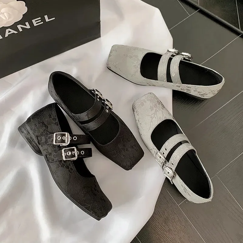 binfenxie  -  Fashion Women's Shoes New Jacquard Cloth Square Skull Buckle Mary Jane Shoes Daily Low Heel Lightweight Shoes