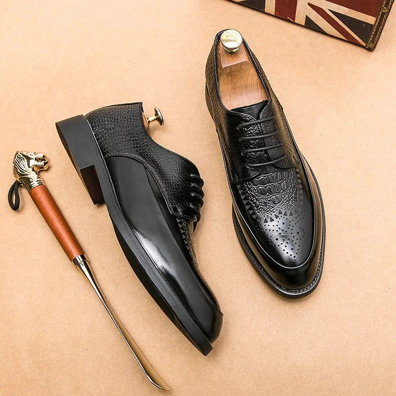 binfenxie  -  Men Casual Shoes Brock Oxford Retro Crocodile Leather Men Formal Shoes 2024 Spring Men's Shoes For Men Office Social Derby Shoes