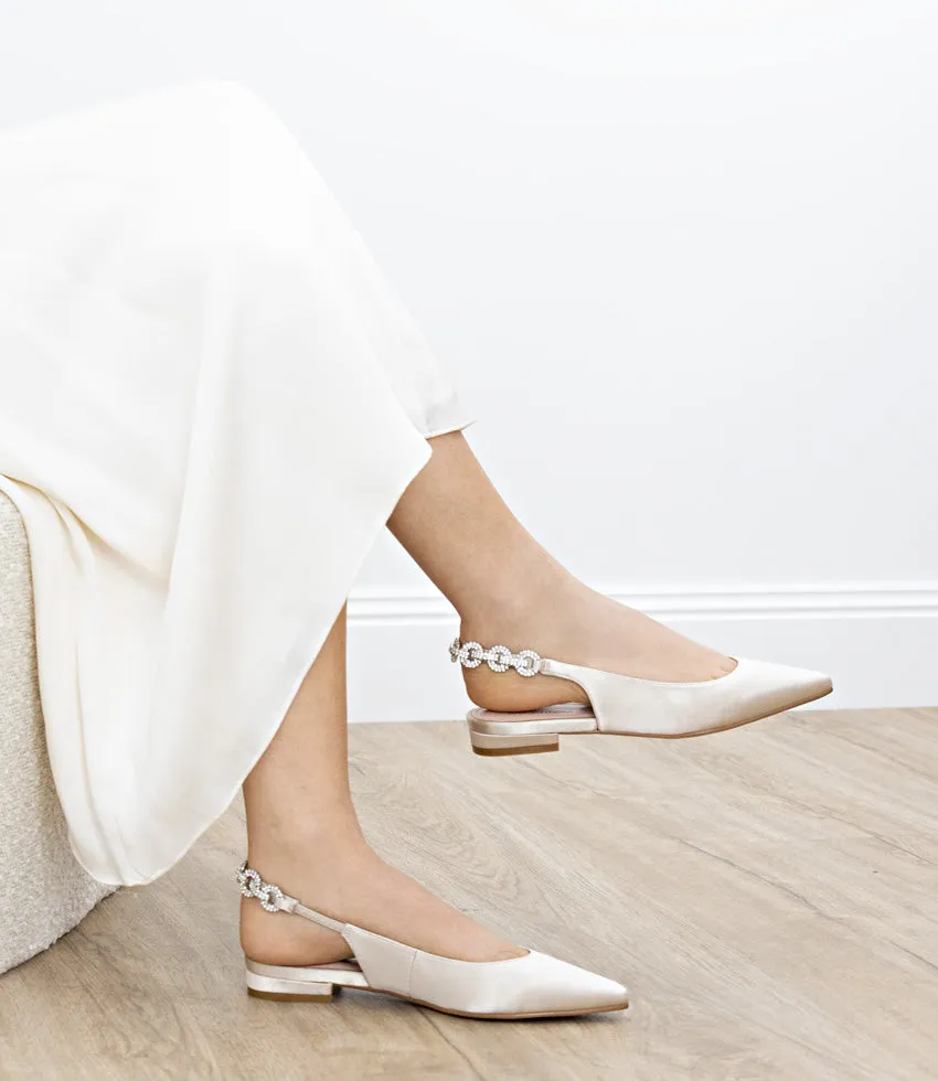 EBONY Flat Slingback with Diamond Band in Champagne Satin