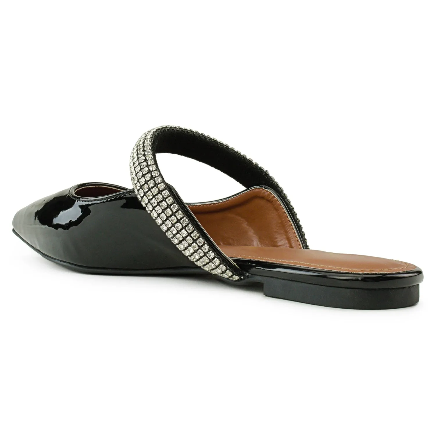 Jeweled Backless Mary Jane Mule Flats BLACK PATENT