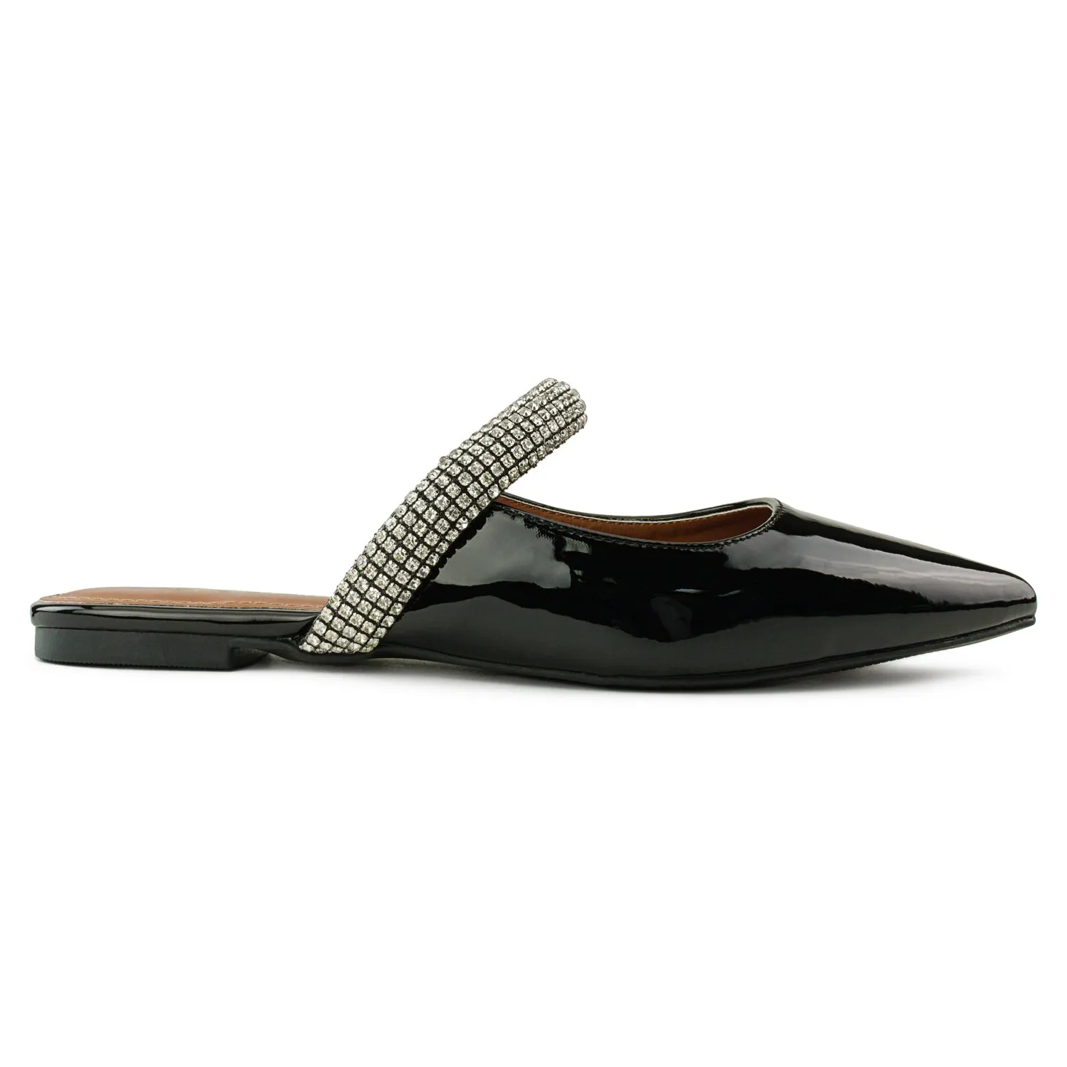Jeweled Backless Mary Jane Mule Flats BLACK PATENT