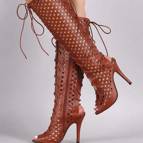 Lace Up Cross Strap Cutout Sandals