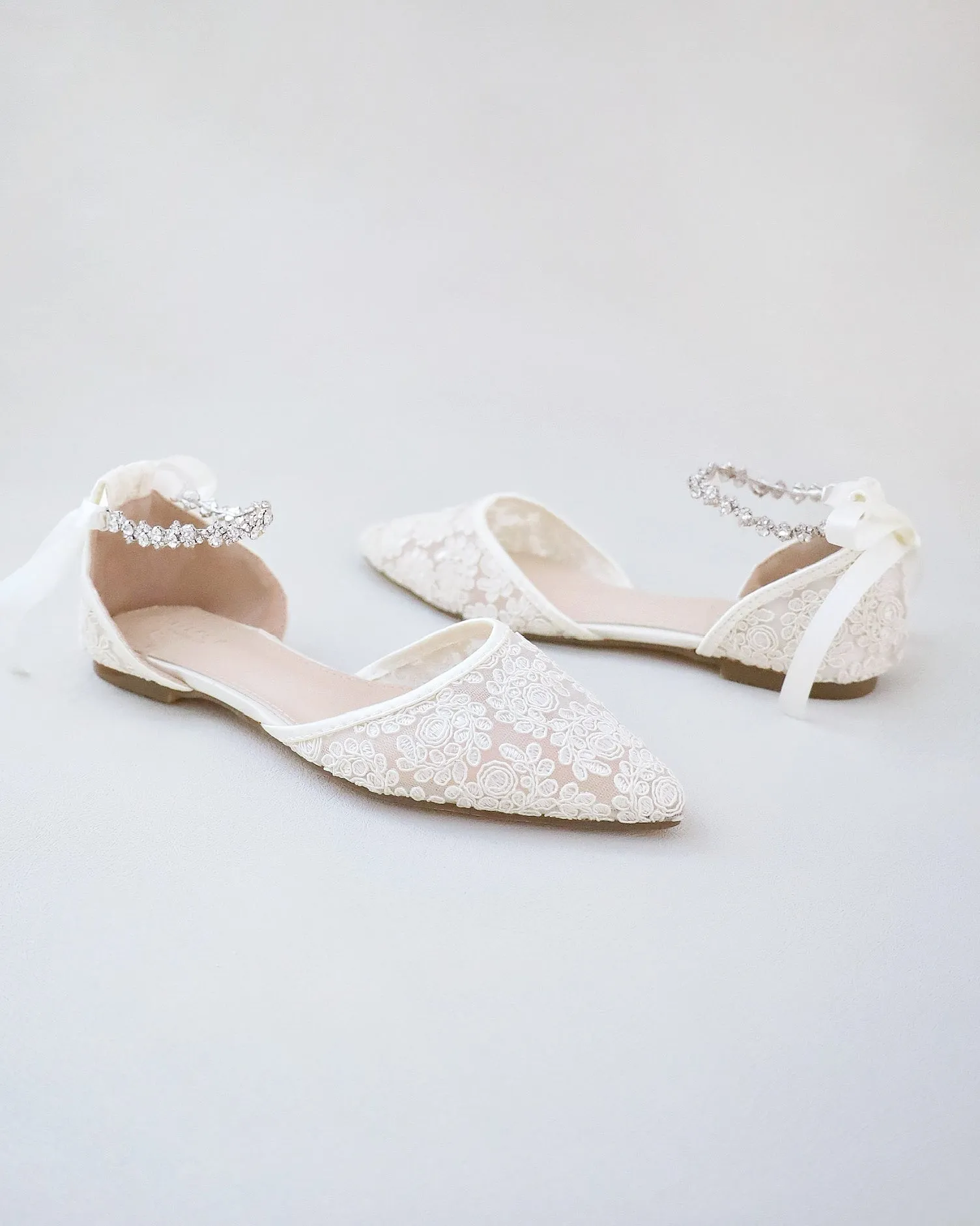 Wedding Crochet Lace Pointy Toe Flats with Amaryllis Crystal Strap